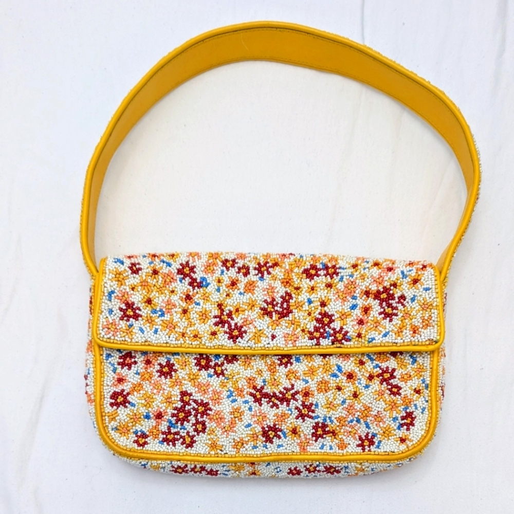 STAUD Yellow Beaded Floral Shoulder Bag